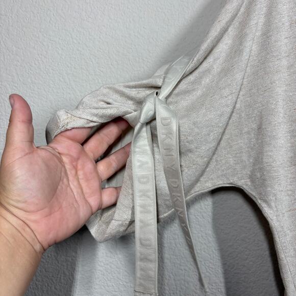 DKNY Womens Size Medium Tie Sleeves Top Tan Linen Rayon Blend Crew Neck Stretch - Picture 10 of 11